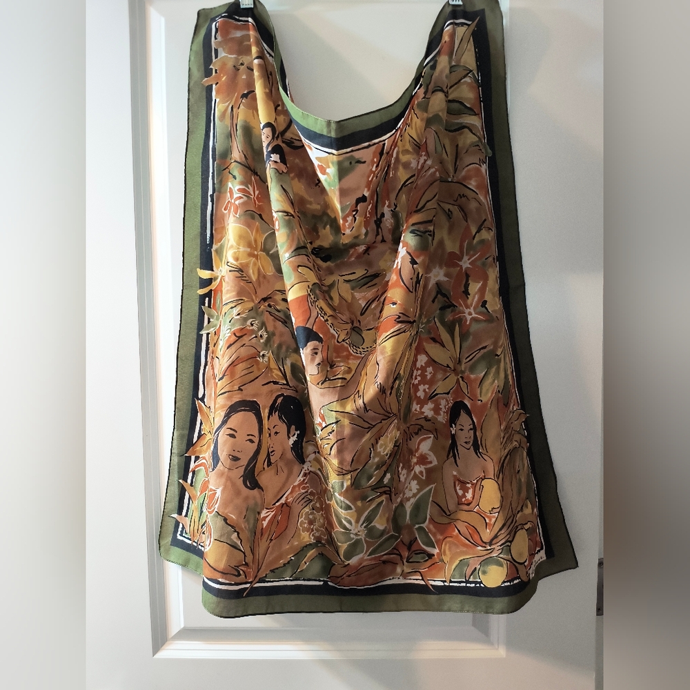 Vintage Jim Renoir Scarf - Tropical Hawaiian Print - Art Deco Style - Signed